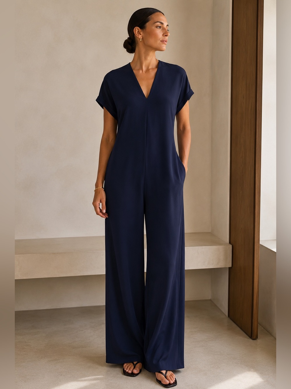 Roucha Navy Wide Leg Crepe Jumpsuit 3 L XL - Picture 2 of 16